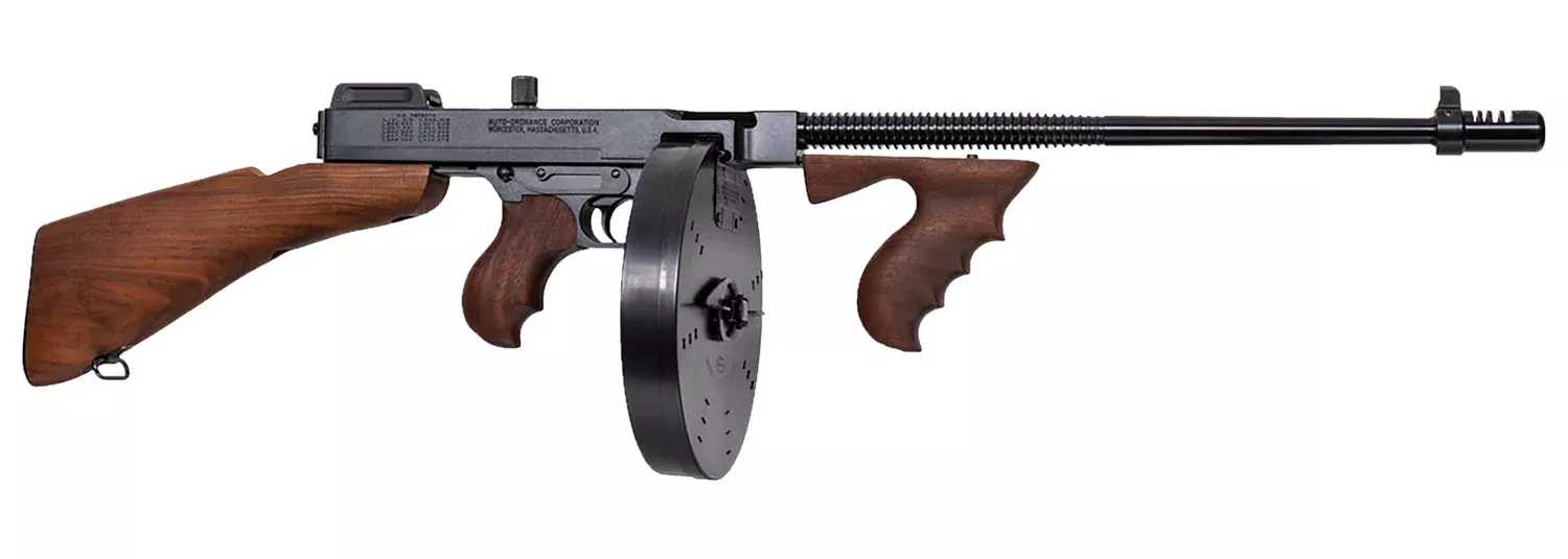 Thompson T1B100D 1927A-1 Deluxe Carbine 45 ACP Caliber with 18″ Barrel, 20+1 Capacity (Stick), 100+1 Capacity (Drum), Blued Metal Finish, American Walnut Removable Fixed Stock & Wood Grip Right Hand