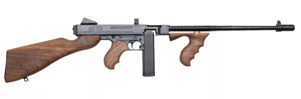 Thompson T5100D 1927A-145 ACP Caliber with 16.50″ Barrel, 20+1 Capacity (Stick), 100+1 Capacity (Drum), Blued Metal Finish, American Walnut Stock Wood Grip Right Hand