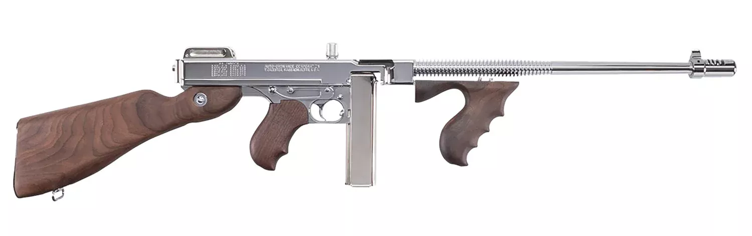 Thompson TI50DCR 1927A-1 Deluxe Carbine 45 ACP Caliber with 18″ Barrel, 20+1 Capacity (Stick), 50+1 Capacity (Drum), Hard-Chrome Plated Metal Finish, American Walnut Stock Wood Grip Right Hand