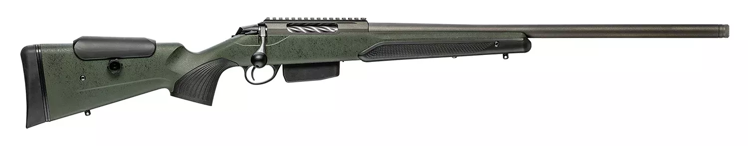 Tikka JRTXRSV319 T3x Super Varmint 6.5 PRC 5+1 23.70″ Barrel, Tungsten Cerakote Metal Finish, Black Webbed Green Roughtech Stock