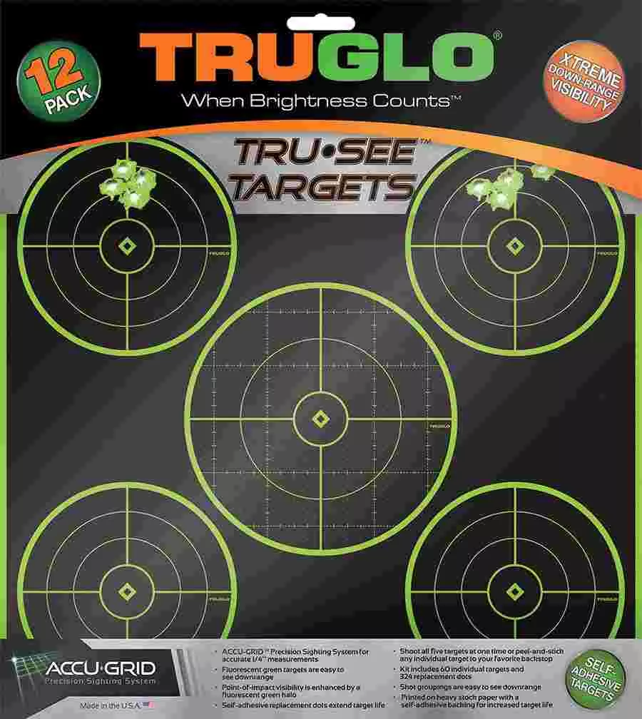 TRUGLO TRU-SEE Self Adhesive Targets – 5 Bullseye 12×12 Green 12 Pack