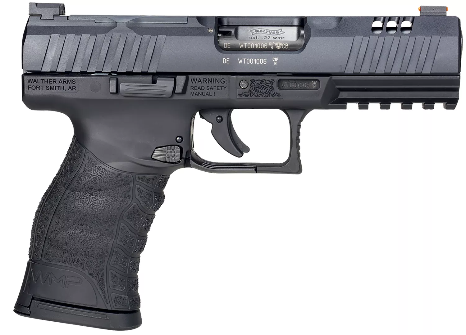 Walther Arms 5220302 WMP Optic Ready 22 WMR 10+1 4.50" Stainless Steel Barrel, Black Optic Ready/Serrated Slide, Black Polymer Frame w/Picatinny Rail, Black Polymer Grip, Right Hand