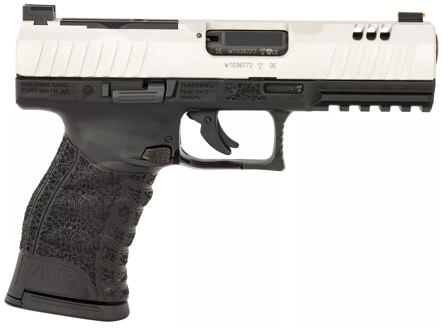 Walther Arms 5220306 WMPFull Size Frame 22 WMR 15+1 4.50″ Stainless Steel Barrel, Silver Serrated Aluminum Slide, Black Polymer Frame w/Picatinny Rail