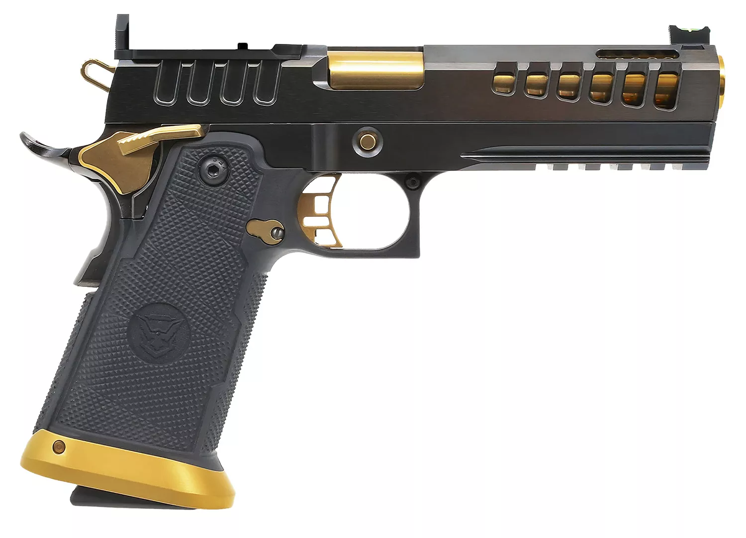 Watchtower Firearms DEMOLITIA 9MM5ELITE DemolitiaFull Size Frame 9mm Luger 20+1 5" Gold Plated PVD Ported Barrel, Graphite PVD Optic Cut/Serrated Steel Slide, Graphite PVD Frame, Black Textured Grip
